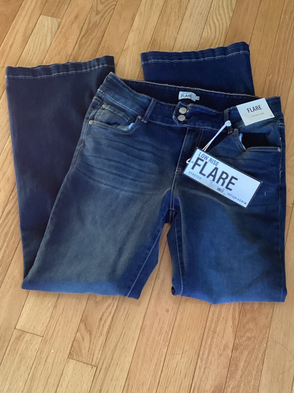 refuge Low Rise Flare Jeans in Dark Blue Wash